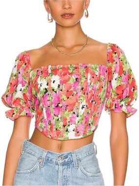 Revolve More To Come Medium Puff Sleeve Floral Crop Top - Pink Multi